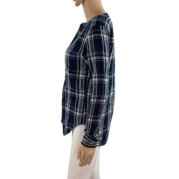 LOFT Navy Plaid Cotton Long Sleeve Tunic Top Size Small - Picture 4 of 7